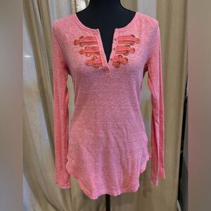 Free People We The Free Womens M Henley Pink Long Slv Stretch Shabby Waffle